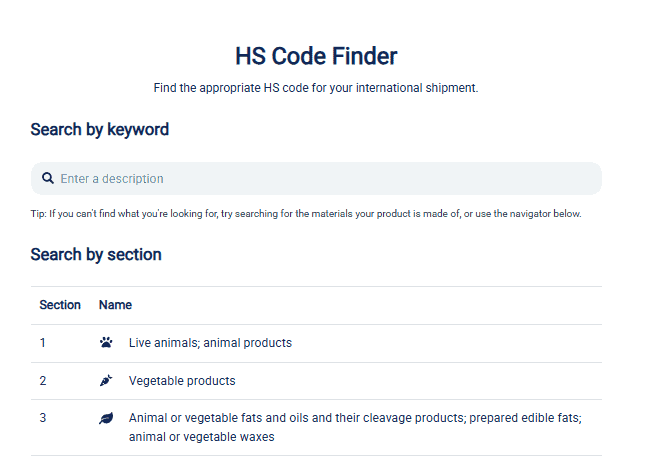 Screenshot of Sendcloud's HS code finder tool