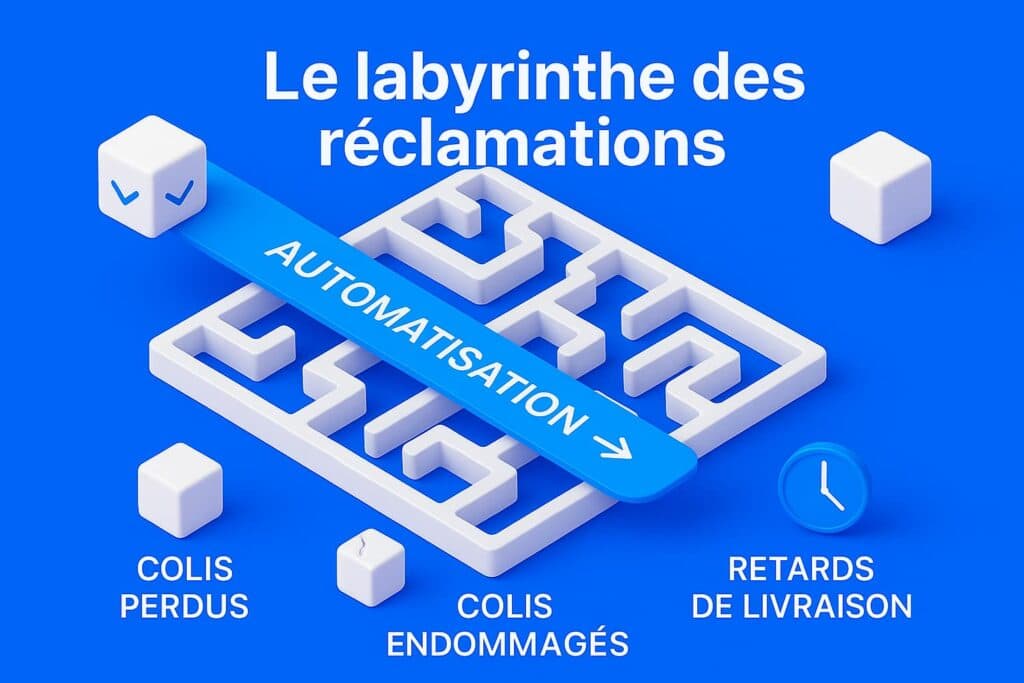 On imagine le processus de réclamation comme un labyrinthe stylisé avec trois sorties principales : « Perdu », « Endommagé » et « Retardé », et un raccourci clair et rapide appelé « Automatisation ».