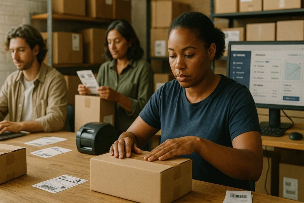Three warehouse workers pack and label parcels at a shared wooden table in a naturally lit room, surrounded by cardboard boxes and a desktop screen displaying a shipping dashboard.