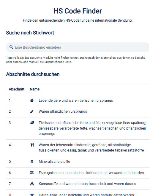 Screenshot von Sendclouds HS Code Finder Tool
