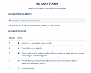 Schermata dello strumento per la ricerca del codice doganale di Sendcloud