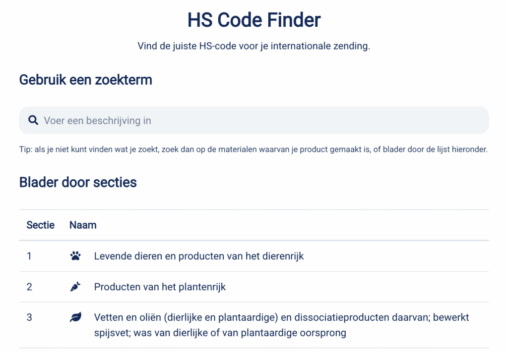 Screenshot van Sendclouds HS-codezoeker