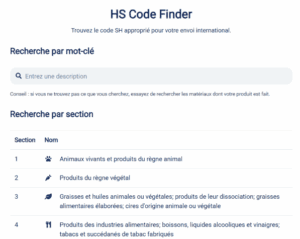 Capture d'écran de l'outil de recherche de codes SH de Sendcloud