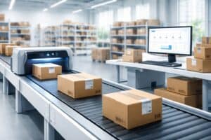 A modern warehouse with cardboard boxes moving smoothly on a conveyor belt, passing through an automated scanner, with a computer showing logistics data nearby.
