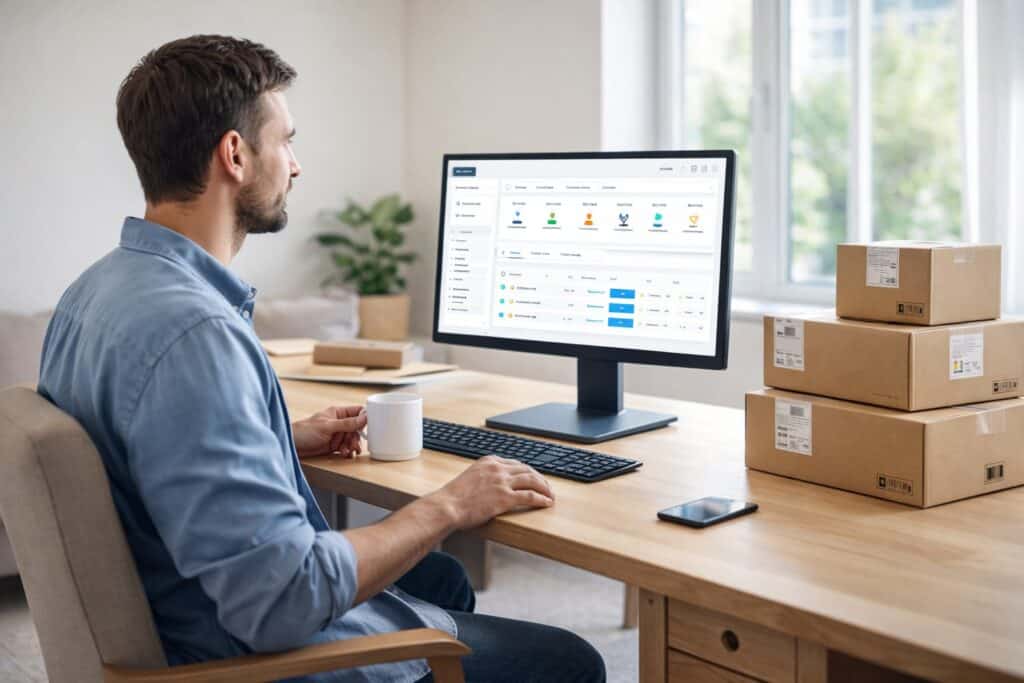 A man in a light blue shirt sits at a clean desk in a bright home office, calmly managing shipping rules on a large computer screen with stacked shipping boxes beside him.