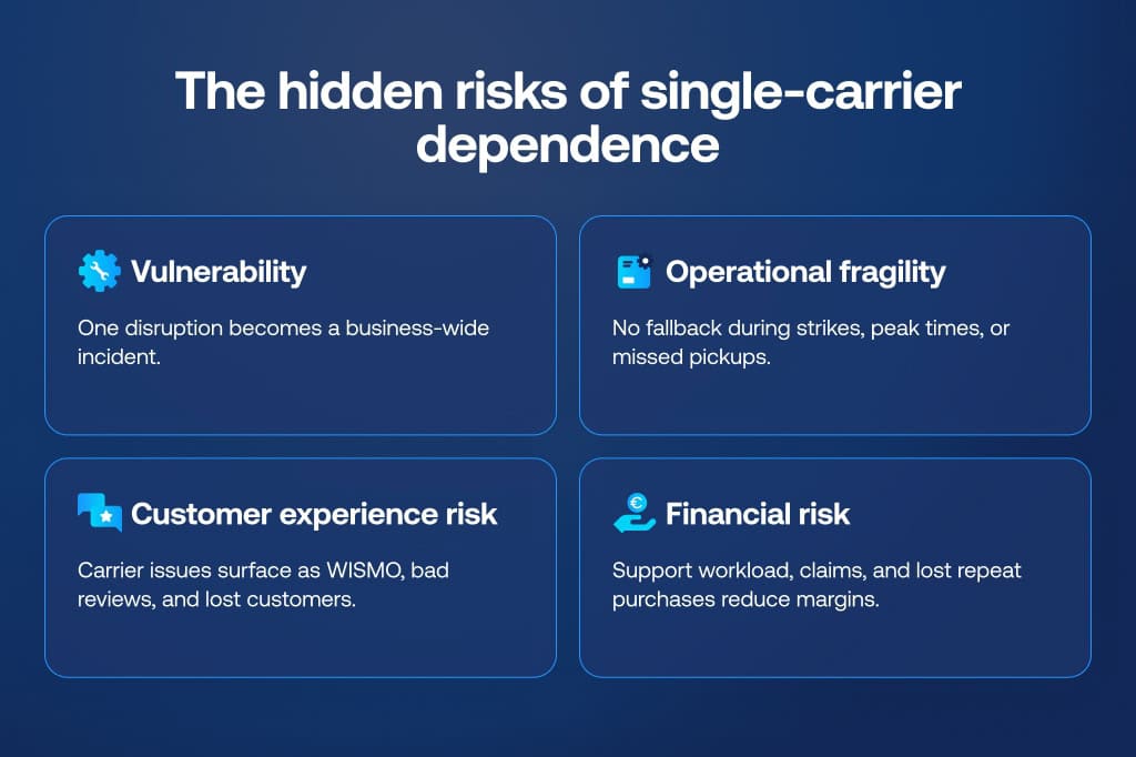 Graphic showing the hidden risks of single-carrier dependence, including vulnerability to disruptions, operational fragility, customer experience risk, and financial risk.