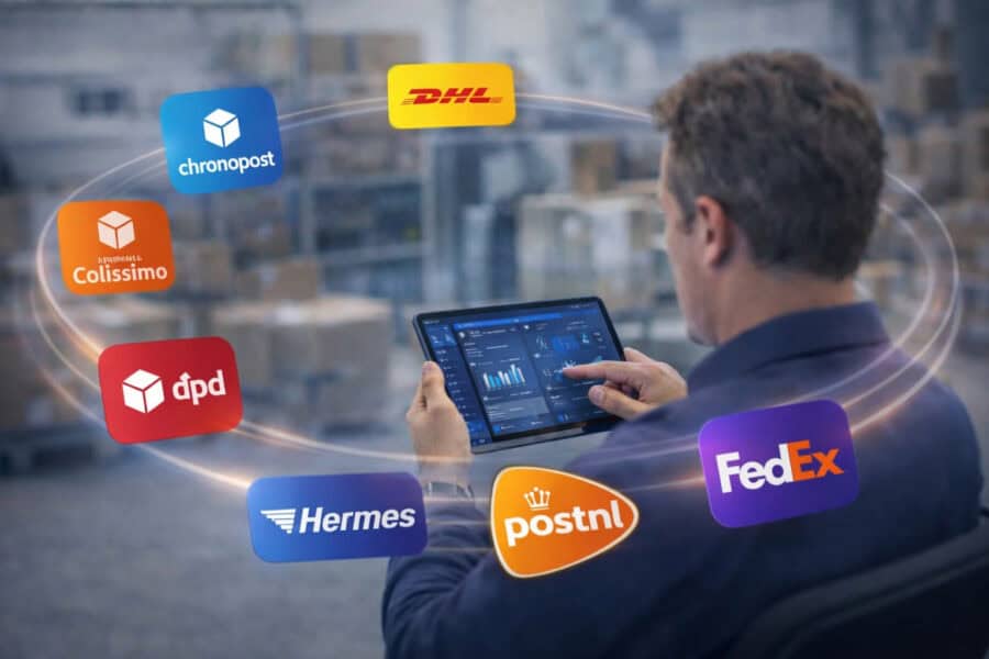 Logistics manager in a modern warehouse reviewing data on a tablet, with multiple carrier logos including DHL, UPS, DPD, PostNL, and FedEx orbiting around him to represent a real-time multi-carrier shipping environment.