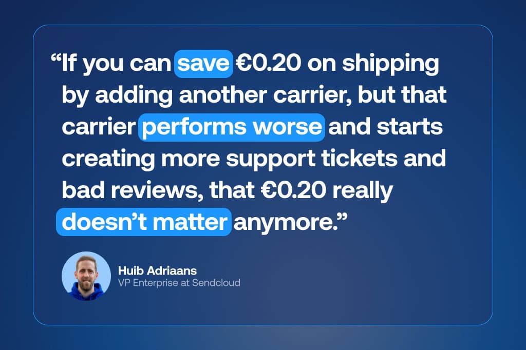 Quote highlighting the trade-off between shipping cost and performance, explaining that saving €0.20 per shipment is not worth worse carrier performance, increased support tickets, and bad reviews.