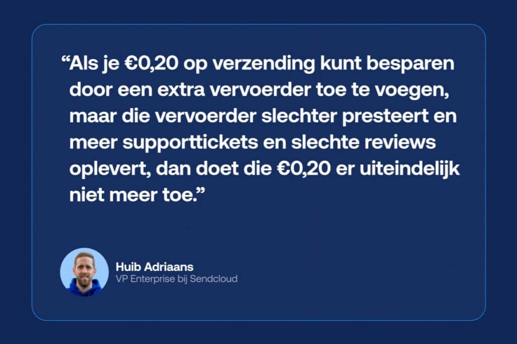 Uitgelichte quote over de afweging tussen verzendkosten en prestaties, waarin wordt uitgelegd dat € 0,20 besparing per zending niet opweegt tegen slechtere prestaties van de vervoerder, meer supporttickets en negatieve reviews.