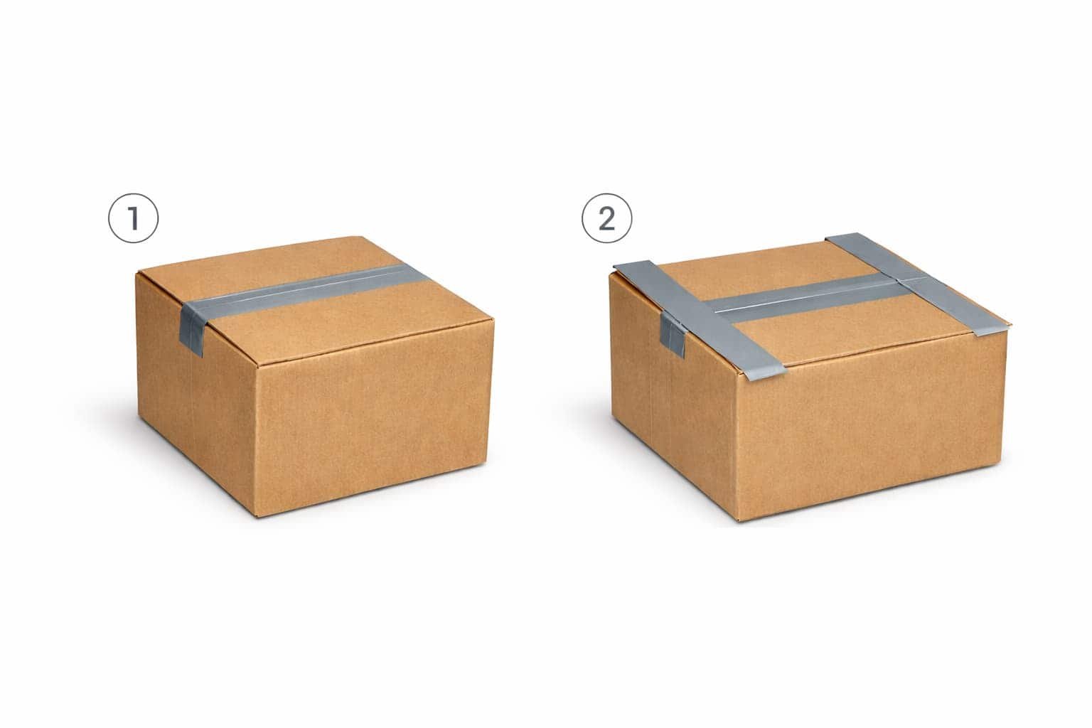 Step-by-step H-taping technique demonstrating how to properly seal a cardboard shipping box with packing tape