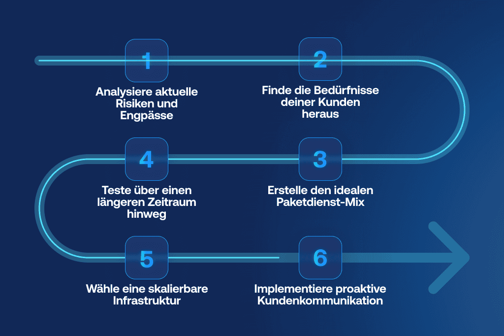 Sechs-Schritte-Roadmap für den Aufbau einer Multi-Carrier-Versandstrategie: Analyse von Risiken und Kundenbedürfnissen, optimaler Paketdienst-Mix, Pilotprojekte, skalierbare Infrastruktur, optimierte proaktive Kommunikation.