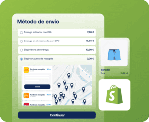 Pantallazo con los diferentes métodos de envío con Shopify (DHL, DDP, entrega en fecha determinada y recogida en punto de servicio).